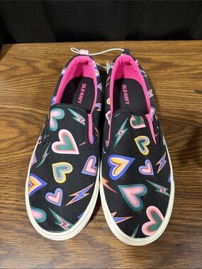 Old Navy Black Slip-On Sneakers with Multicolor Hearts and Lightning Bolts